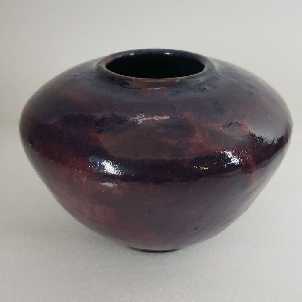 Flambe Glaze Vase Pottery Signed Purple Pink Blue 5" Bulbous Jar